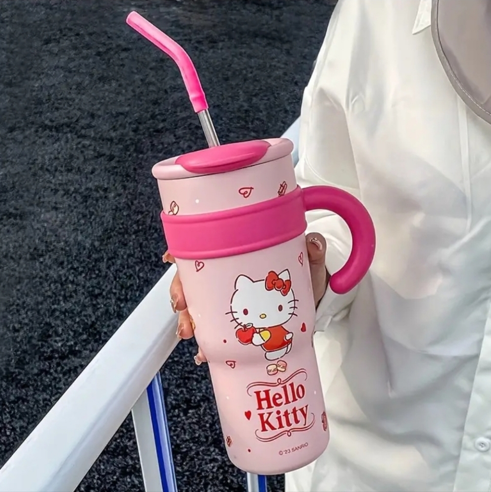 NWT! Hello Kitty Pink Stainless Steel Insulated Non Slip Cup With Reusable Straw